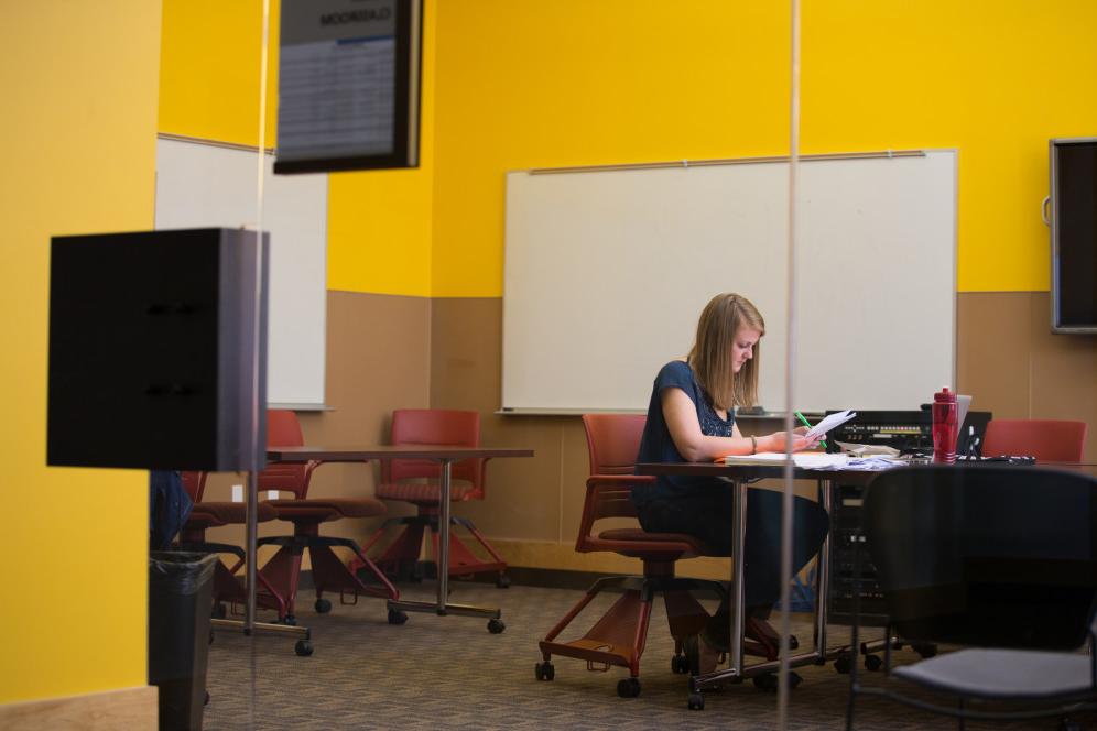 A student studies in Hedberg Library.